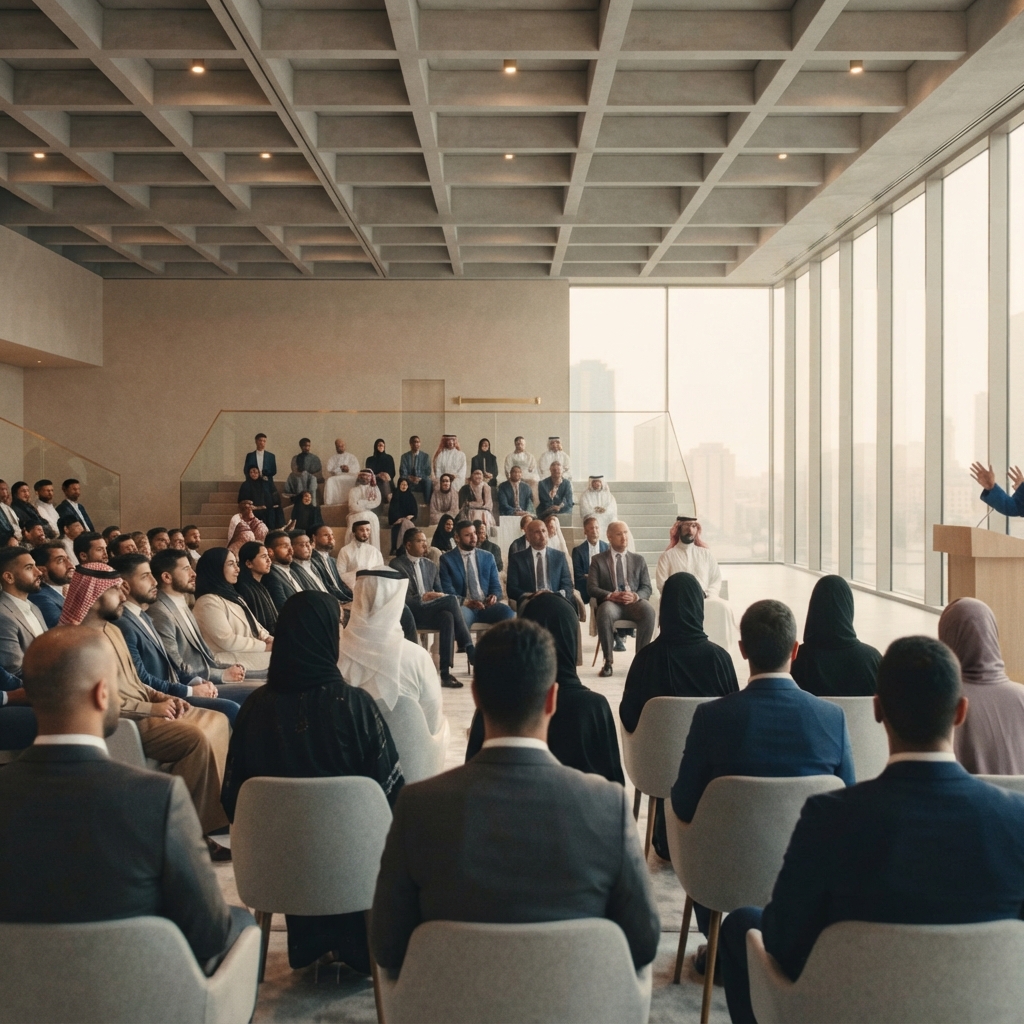 Modern minimalist hall being prepared for an event, wide architectural view