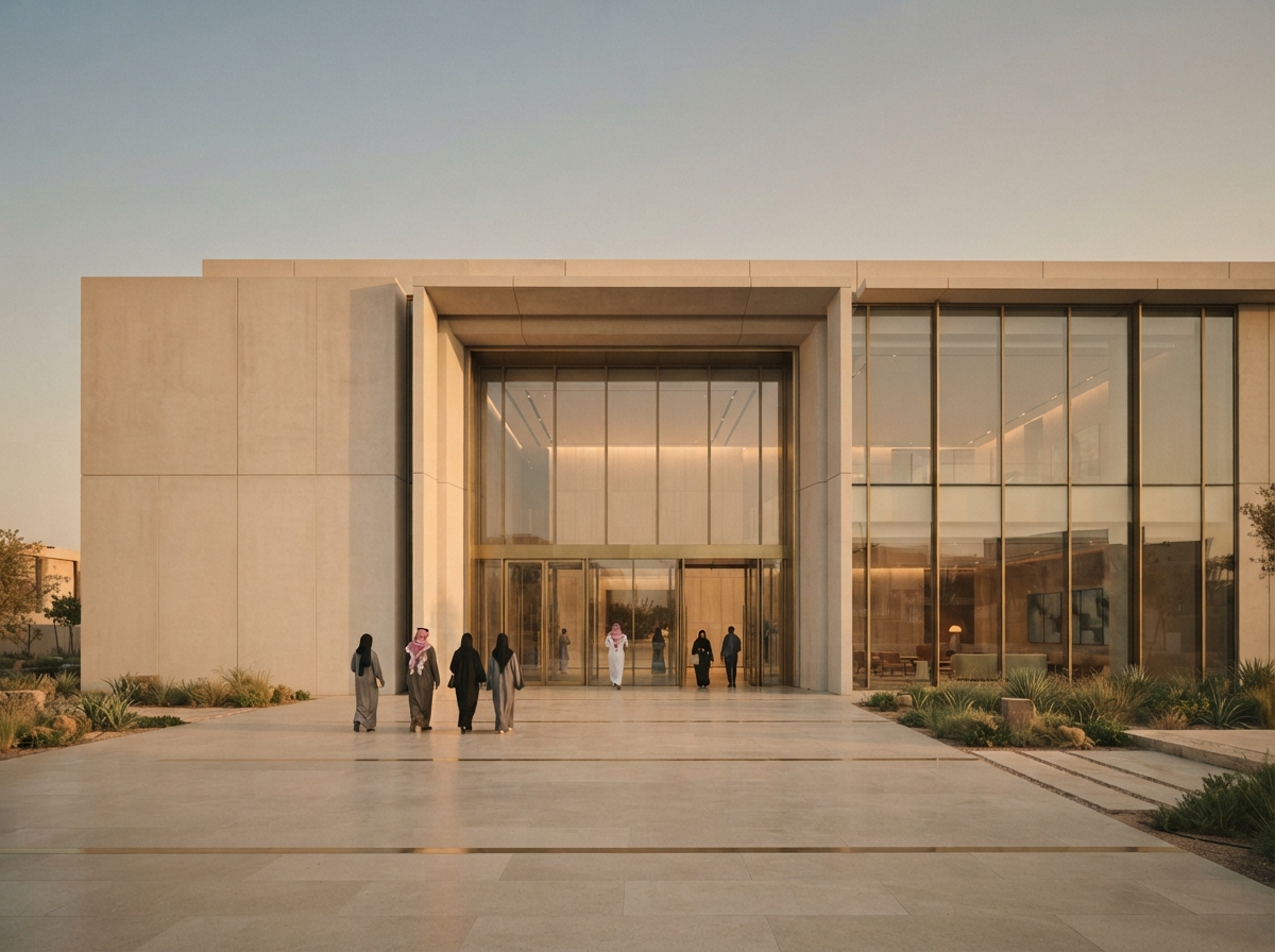 Modern building entrance and glass façade, wide exterior view